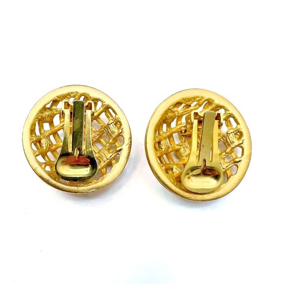 Gold tone round open work clip earrings with multicolor rhinestones accent - Picture 2 of 4